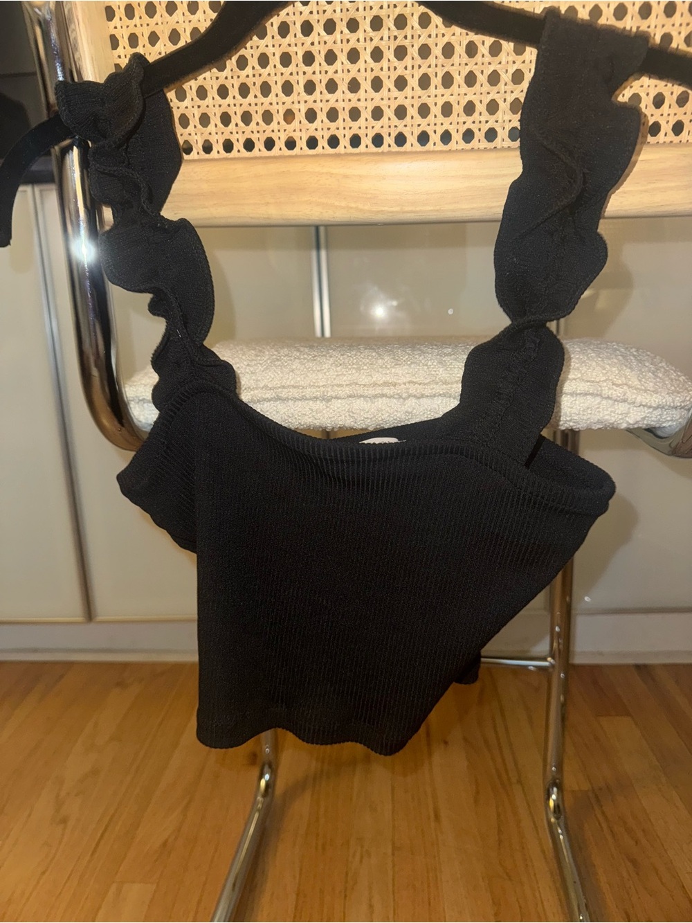 Zara Black Ruffled Strap Ribbed Tank - Women